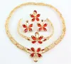 Afrykańska Biżuteria 18K Dubai Pozłacane Purpurowy Ruby Kwiat Naszyjnik Naszyjnik Bransoletka Kolczyk Ring Bridal Biżuteria Zestawy