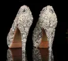 Unique Ivory Pearl Rhinestone Wedding dress Shoes Peep Toe High Heeled Bridal Shoes Waterproof Woman Party Prom Shoes Size 34-43 Platforms