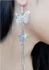 Musujące posrebrzane biżuteria panna młoda Diamentowe Motyl Kolczyki Crystal Double Butterfly Długi Tassel Kolczyk Dla Kobiet Party Ucha Biżuteria