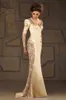 ビンテージVネックマーメイドサテン長袖アップリケスパンコールゴールドイブニングドレス2014年の花嫁のドレスの正式な母親