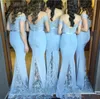 New Arrival Mermaid Bridesmaid Dresses with See Through Lace Train Long Off Shoulder Maid of Honor Dresses Appliqued Prom Evening Gown
