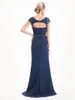 Bedövning Navy Blue Aline Chiffon Mor av bruden Klänningar V-Neck Cap Sleeves Backless Sparkling Pärlor Sequins Aftonklänningar