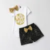 Cute Baby Girl Clothes Summer Short Sleeve Letter Printed Baby Rompers Tops + Sequin Shorts + Headband 3PCS Girls Outfit Set Kids Clothes