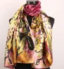 1 pièces pêche prune or lys fleur et feuilles foulards femmes mode Satin peinture à l'huile longue enveloppe châle plage foulard en soie 160X5328L