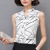 Wholesale-シフォンブラウスシャツ用女性夏ノースリーブプリントFemme Blouses Work WearファッションスリムトップスシャツBlusas女性レディース