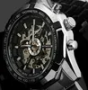 Winnaar merk luxe sport heren automatische skelet mechanische militaire horloge mannen zilveren volledige stalen band