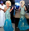 Robes de mariée traditionnelles africaines bleu Turquoise col en v or Appliques Tulle balayage Train Nigeria robes de mariée robe robe