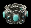 Fashion Vintage Silver Carving Flower Turquoise Gem Stone Ethnic Boho Statement Elastic Bracelet204c