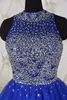 Bleu Royal Robe De Bal Formelle Plissée Mini Robes De Soirée Robes De Soirée Courtes Avec Paillettes Perlées Col Ras Du Cou Longueur Au Genou Dress311h