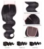 Brasiliansk kroppsvåg Mänsklig jungfru hårväv med 4x4 spetsstängning blekt knutar 100 gpc naturlig svart färg dubbel wefts hår ex3172155