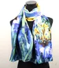 1pcs Yellow Blue Lily Flower Scarves Satin Oil Painting Long Wrap Shawl Beach Silk Scarf 160X50cm