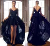 Sexy Hi Lo Black Prom Dresses Lace Formal Cocktail Dresses Beads Bateau Neck Long Sleeves Formal Evening Gowns Arabic Party Ball Gowns