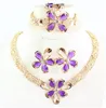 African Jewelry 18K Dubai Gold Plated Purple Ruby Flower Wedding Necklace Bracelet Earring Ring Bridal Jewelry Sets