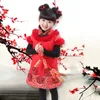 Nytt år baby tjejer kläder kinesisk stil väst klänning jul klänning barn toddler barn klänningar tjock vinter varm röd klänning med päls