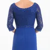 Impressionantes vestidos azuis reais para a mãe da noiva, top de renda com decote frisado, saia plissada de 34 mangas e elegante forma de noite5950727