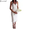 x201711 Gamiss Verano Blanco Negro Vestido de encaje Diseño Sexy Cuello en V Correa de espagueti Bodycon Midi Vestidos Encaje Ahueca hacia fuera vestidos de fiesta