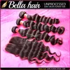 Bella Virgin Brazilian Hair Bundles with Closure Loose Deep Wave Wavy Extensions Dyeable Black Weft Middle Part