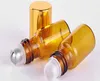 200PCS / Parti 3ml Brown Amber Glass Roll On Essential Oil Perfume Bottle Rostfritt Stål Glas Roller Ball Guld Silver Cap