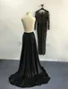 Schwarze Abendkleider 2016 Sexy Sheer Overall Crew Ausschnitt mit langen Ärmeln und Satin Train7909653 Perlen