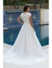Neues Spitzenmieder bescheidene Brautkleider mit Tulpe-Ärmel Juwel O-Neck-Knöpfe über Reißverschluss Rücken-Brautkleid mit Perlen Taillenband 298Q