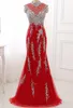 Luksusowe Sparkly Kryształy Prom Sukienka Czerwona Syrenka Wysoka Neck Bez Rękawów Prom Dresses Beades Cekiny Illusion Back Lace Tulle Suknie Wieczorowe