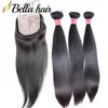 Facos de cabelo humano com fechamento de renda da base de seda 4x4 Extensões retas da trama de cabelo da Malásia Malásia Malásia 4pc Bellahair