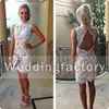 Melhor Venda Coquetel Vestido de Noite Vestido de Festa Bainha Coluna Alta Pescoço Branco Rendas Apliques Abertos Voltar Curto Vestidos de Festa de Casamento