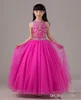 Hot Pink Beaded Pageant Jurk voor kleine meisjes full rok lange tule kinderen feestjurk verjaardag jurk op maat gemaakt