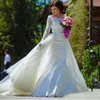 Gorgeous Mermaid Wedding Dress with Detachable Tulle Train Two in One Sheer Bateau Neckline Illusion Long Sleeves Bridal Gowns Long Train