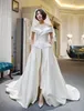 Fashion Two Pieces Jumpsuits Wedding Dresses A Line Off The Shoulder Peplum Bridal Gowns Satin Overskirt Split Front Vestido De Novia