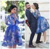 2019 Royal Blue Knie Lengte Homecoming -jurken Lange mouwen Lace Bloemen Korte formele cocktailpartyjurken Promjurken3357855