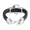 Mens Jewlery Silver Rostfritt stål Lionhuvud med svart läderarmband 20mm272Z