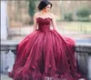 2018 Cheap Burgundy Strapless Ball Gown Princess Quinceanera Dresses Lace Flowers Basque Waist Long Sweet 16 Dress Long Party Prom Dresses