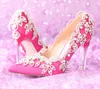 Gorgeous Pointed Toe High Quality Satin Wedding Shoes Rhienstone Elegant Fuchsia Color Prom Dress Shoes Banquet Pumps