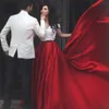 Moda 2 pezzi bianco rosso Prom Dresses Arabo Dubai 3D-Floral Flower Satin Evening Party Dress Off spalla Abaya robe de soiree