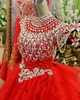 Luxury Christmas Girl Pageant Dresses Cap Sleeve Major Beads Crystals Party Dresses For Girls Tulle Red Flower Girls Dress Real Images