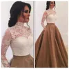 2018 Mode Kant Saoedi-Arabië Avondjurken Hoge Hals Sheer Snelle Mouwen Gouden Rok Baljurk Formeel Prom Jurken Speciale Gelegenheden Jurk