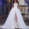 Arabic White Elegant Off The Shoulder Wedding Dresses with Overskirt Long Sleeve Lace Bridal Wedding Ball Gowns with Detachable Train