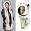 Winter Faux Fur Full Animal Wolf Hood Hat 3-in-1 Mittens Cartoon Scarf Gloves Spirit Paws Ears