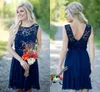 2018 Cheap Country Bridesmaid Dresses For Weddings Illusion Neck Chiffon Lace Navy Blue Party Knee Length Short With Sashes Maid Honor Gowns