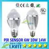 LED 빛 E27 6W 10W 14W 85V-265V 모션 제어 PIR 센서 LED 조명 LED 볼 램프 글로브 전구 실버 방수 스포트 라이트 통