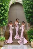 Spaghetti Straps Lace Satin Bridesmaid Dresses Skirt Train Lace Appliques Blush Pink Mermaid Cheap Prom Dresses Bodycon Evening Dresses