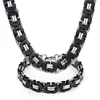 Newest Women Men 8mm/11mm Wide Silver Black Stainless Steel Fashion Flat Byzantine Link Chain Necklace Bracelet one Jewelry Set