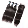 Brazilian Straight Human Virgin Hair Weaves With 4x4 Lace Closure Bleached Knots 100g/pc Natural Black Color 1B Double Wefts Hair Extensions