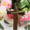 New Double wood cross pendants necklaces vintage long style sweater chain alloy leather cord men women jewelry fashion 15pcs181e