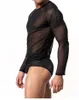 Atacado-Clubwear Manga Longa Malha Homens T-shirt Stretchy Sheer Man ver através de tops