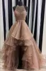 Charmante Champagne Hoge Low Prom Dresses Halter Pailletten Kralen Organza Tiered Rok Backless Cocktail Party Jurken Sexy Avondjurken