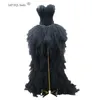 Sexy Hi Lo Black Feathers Evening Dresses Long Prom Gowns Sweetheart Sleeveless Lace-up with zipper back Shining Sash