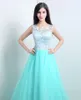 2015 New Stock Elegant A-Line Mint Green Lace Evening Dresses With Appliques Floor-Length Cheap Prom Party Gowns Vestidos De Festa