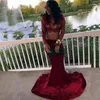 Sexy Keyhole Neck Two Pieces Mermaid Lace Prom Dresses 2018 Sheer Long Sleeves Burgundy Satin Prom Dress Cheap Crop Top Formal Dresses